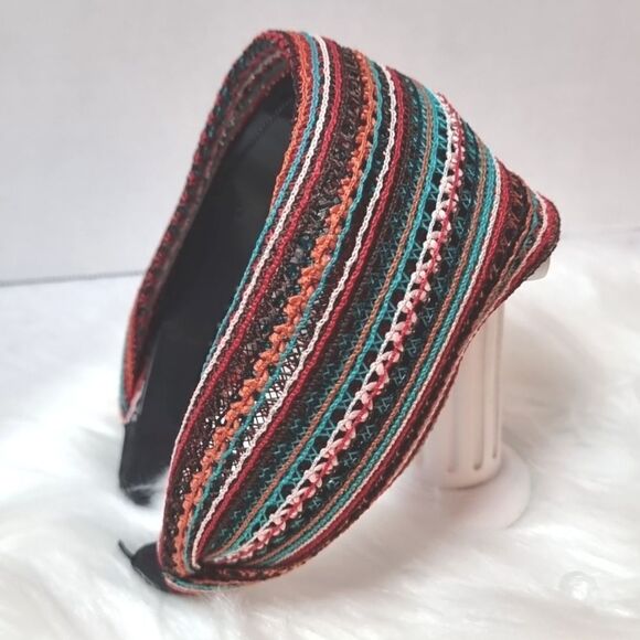 BOHO KNIT CROCHET WIDE BRIM FALL COLORS HEADBAND Turquoise red orange - Picture 3 of 8